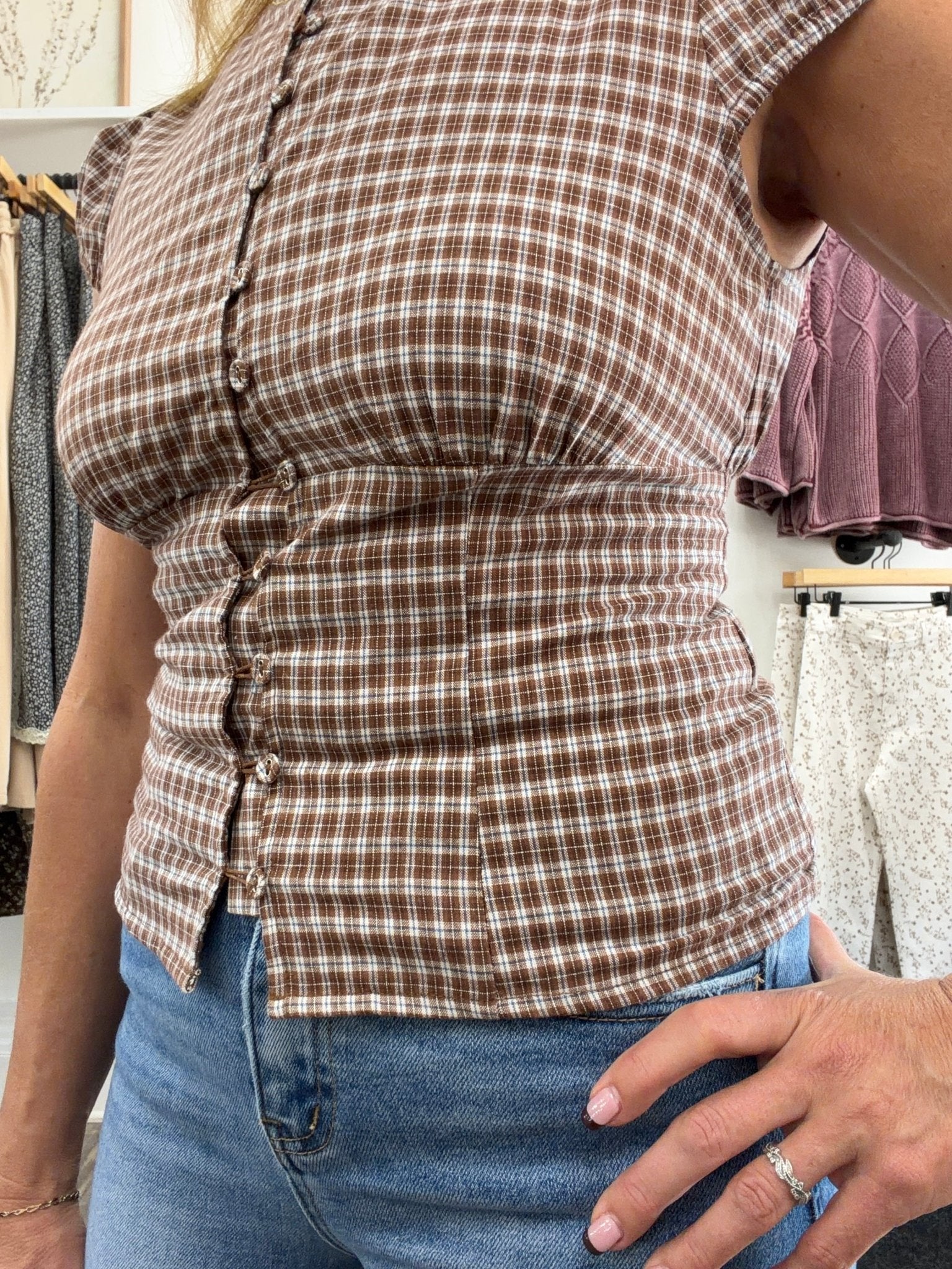 Plaid Button Down Puff Sleeve Contoured Waist Top - The Cozy Nest