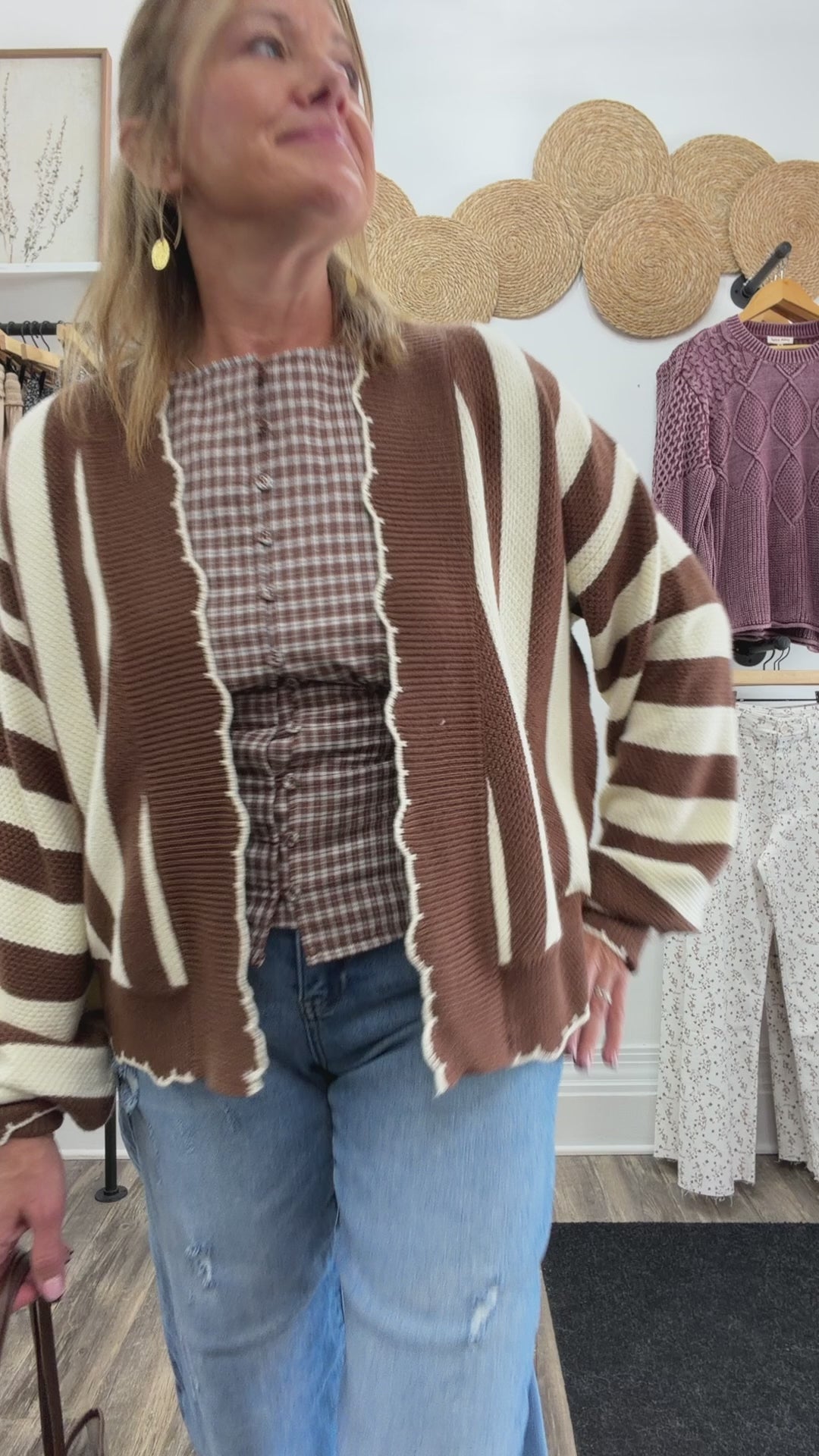 Coffee Striped Textured Cardigan