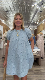 FLORAL PRINT CHAMBRAY BRAID NECK DETAIL MINI DRESS