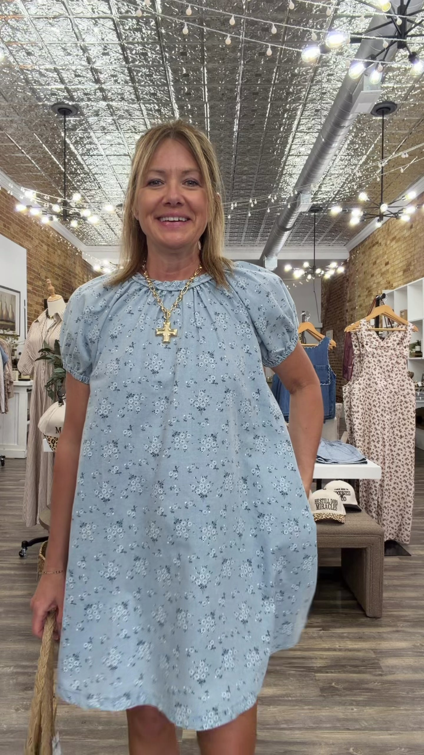 FLORAL PRINT CHAMBRAY BRAID NECK DETAIL MINI DRESS