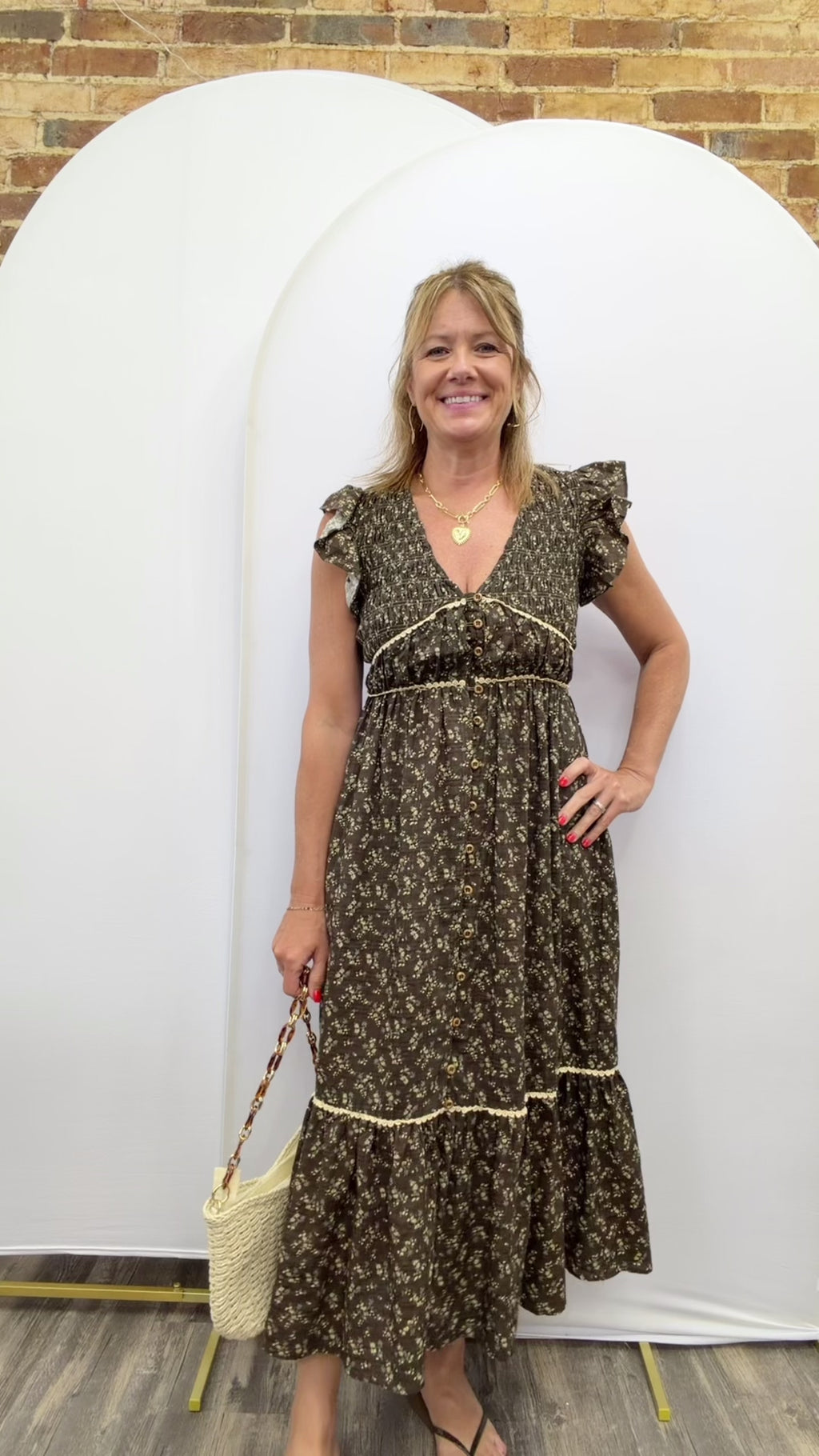 Floral Button-Front Ruffle Sleeves Midi Dress