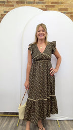 Floral Button-Front Ruffle Sleeves Midi Dress