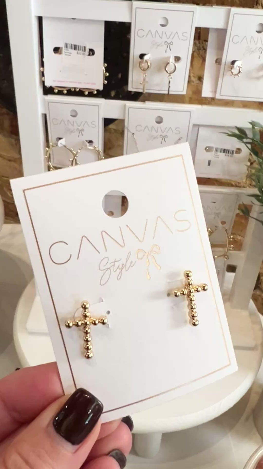 Poppy Beaded Cross Stud Earrings in Shiny Gold