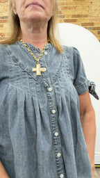 MINERAL-WASHED DENIM PINTUCK SHIRT WITH TIE SLVS
