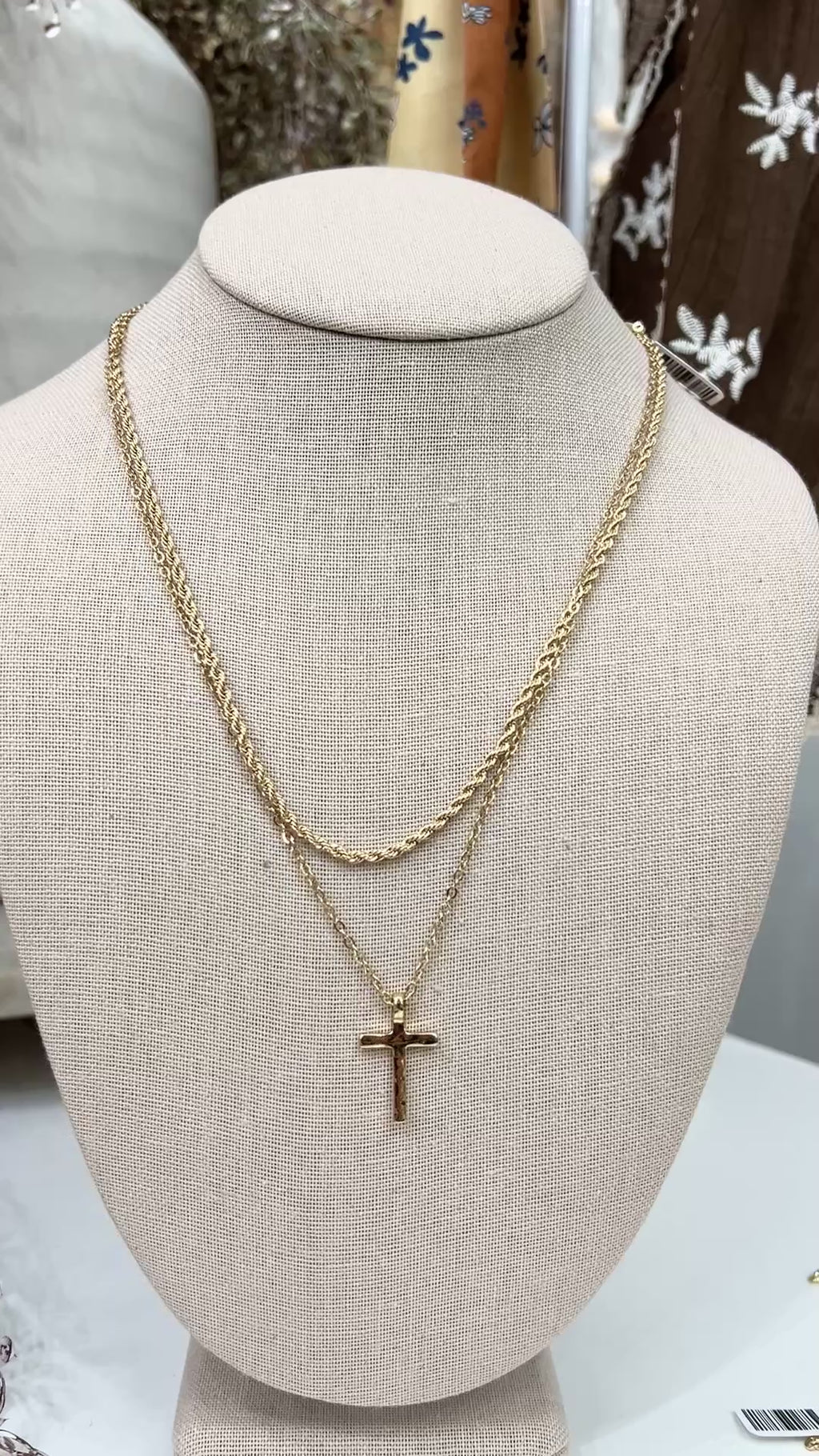 Twisted Rope Layered Cross Necklace in Shiny Gold