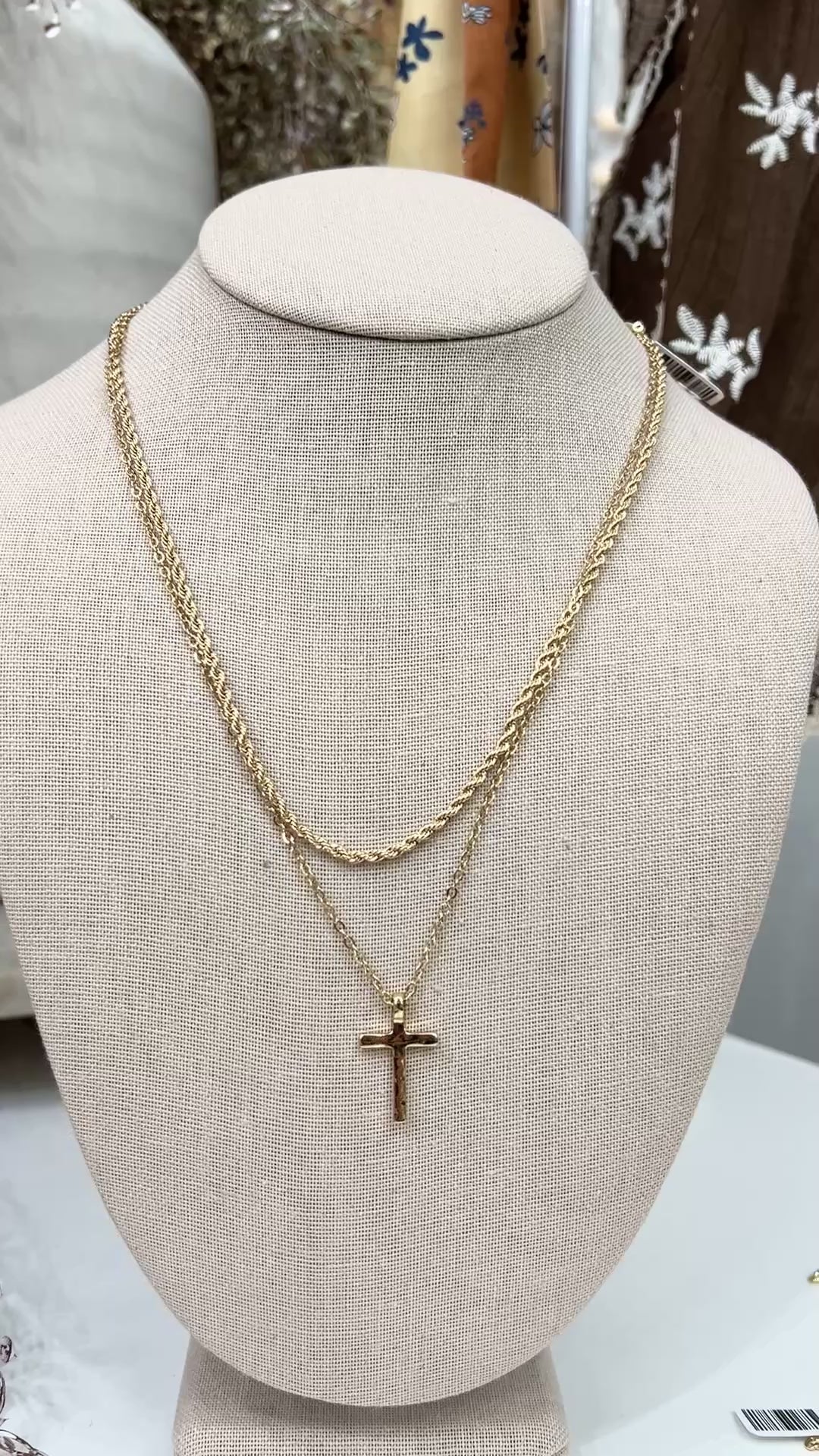 Twisted Rope Layered Cross Necklace in Shiny Gold