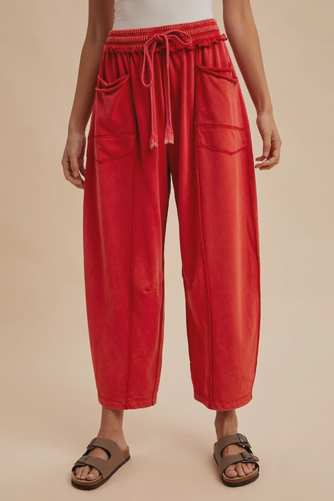 Mineral Wash Barrel Fit Utility Knit Pants-Red