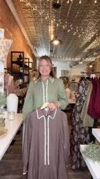 Scalloped Trim Shirtdress-Brown