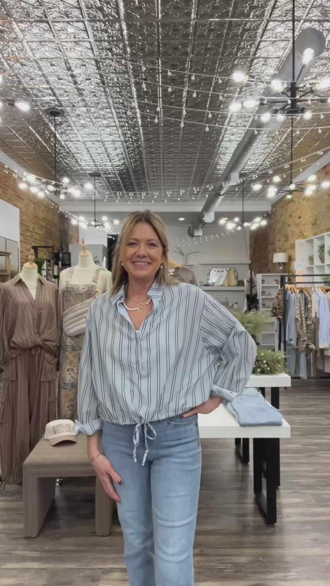 Striped Drawstring Top In Denim