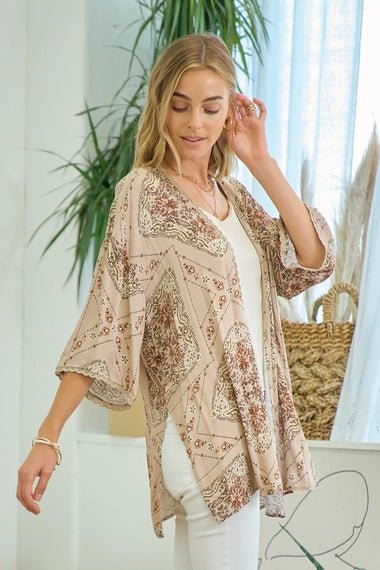 Printed Kimono With Lace Trim - The Cozy Nest