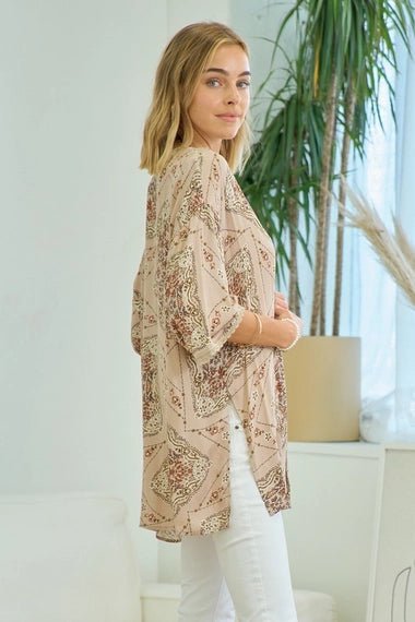 Printed Kimono With Lace Trim - The Cozy Nest
