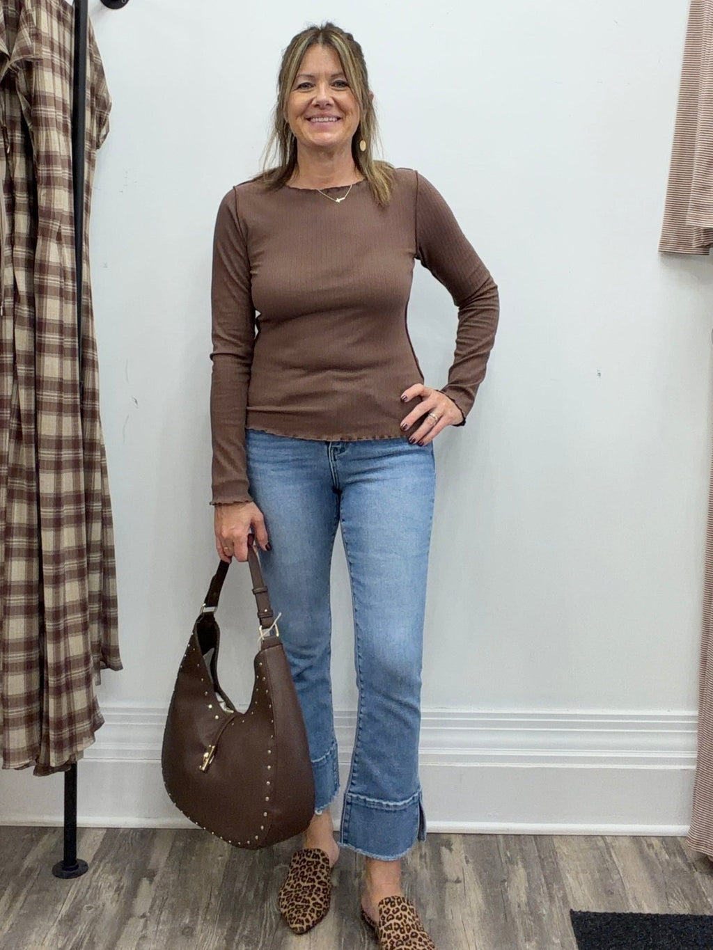 Ribbed Exposed Seam Top-Brown - The Cozy Nest
