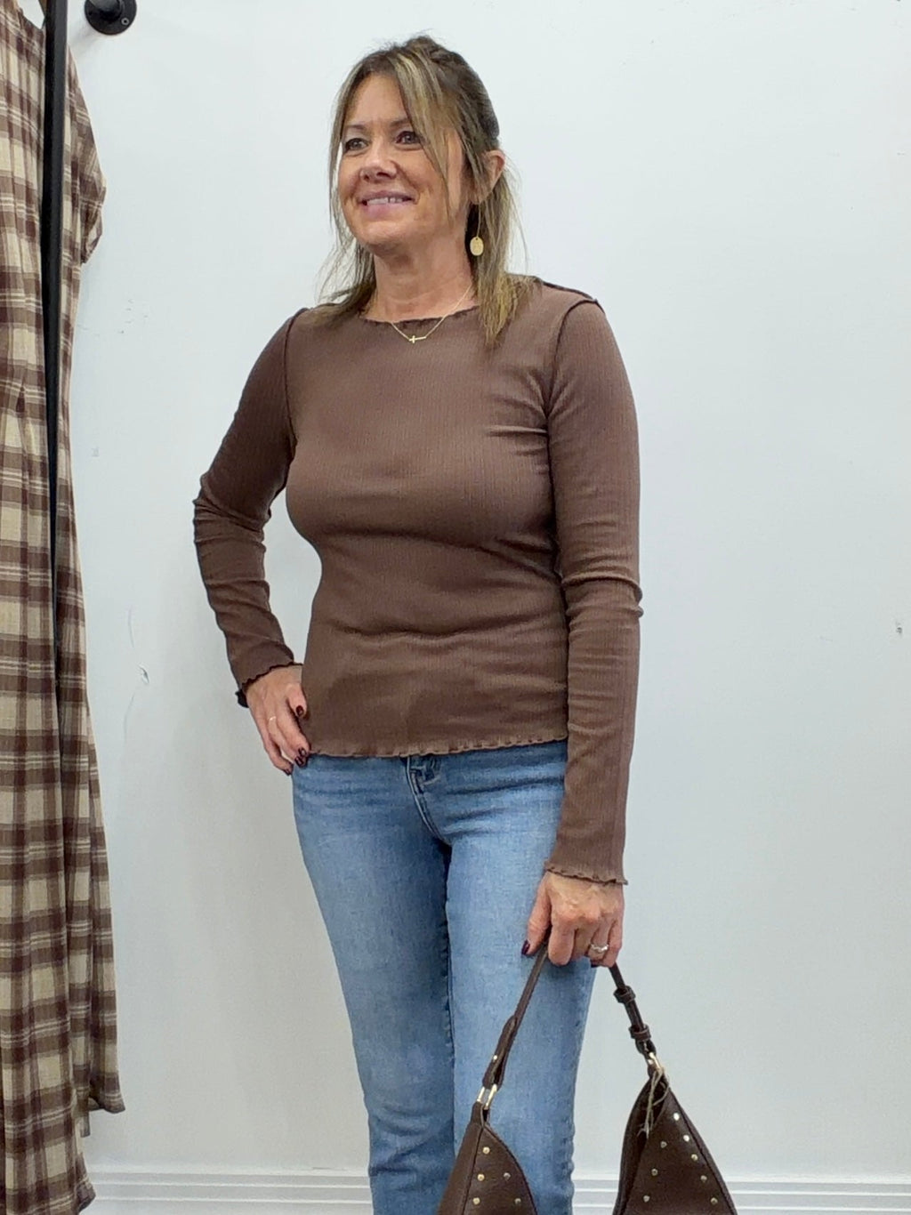 Ribbed Exposed Seam Top-Brown - The Cozy Nest
