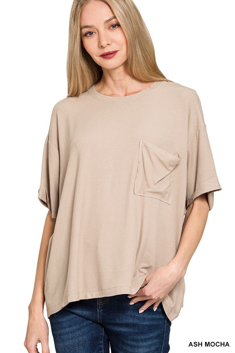 Ribbed Round Neck Short Sleeve Tee - Ash Mocha - The Cozy Nest