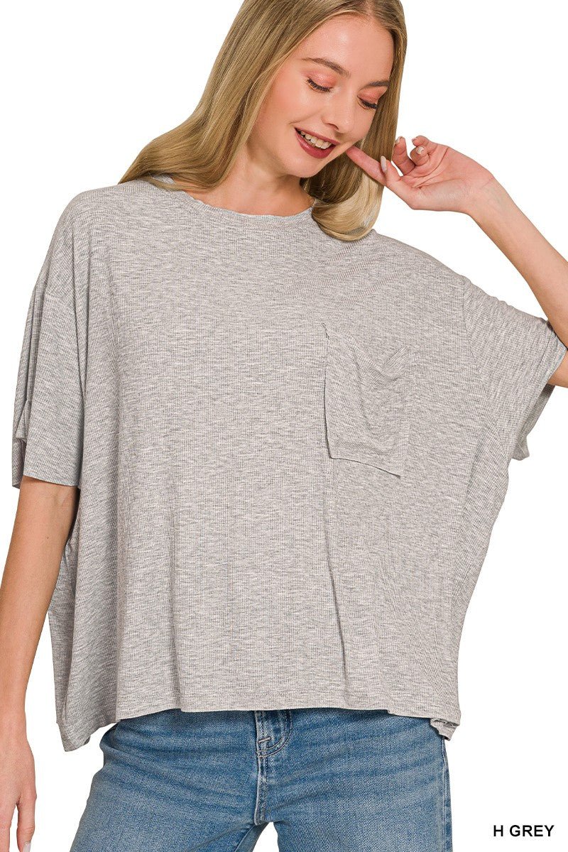 Ribbed Round Neck Short Sleeve Tee - Light Gray - The Cozy Nest