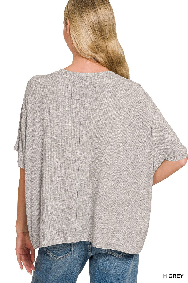 Ribbed Round Neck Short Sleeve Tee - Light Gray - The Cozy Nest