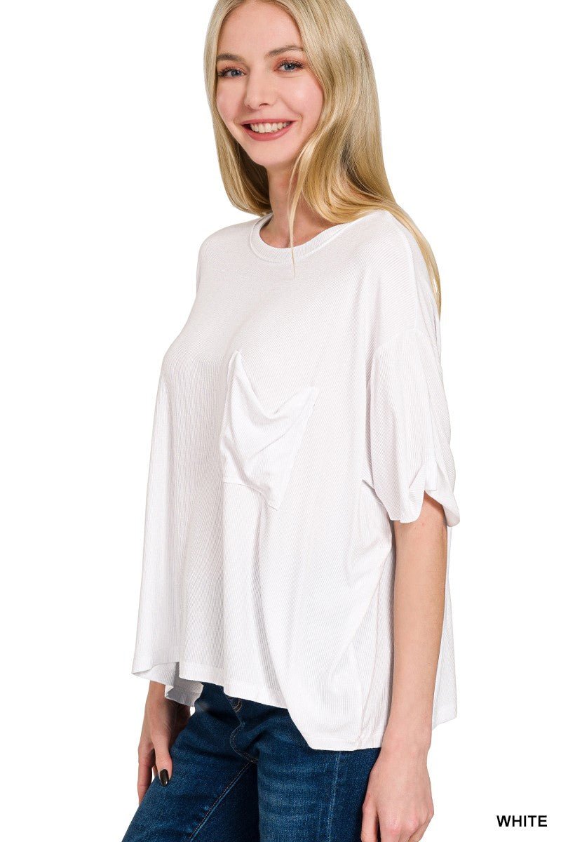 Ribbed Round Neck Short Sleeve Tee - White - The Cozy Nest