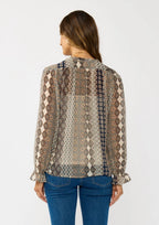 Ruffle Cuff Split Neck Blouse with Tie - The Cozy Nest