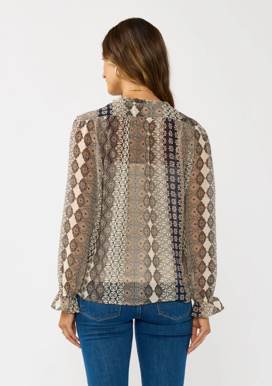 Ruffle Cuff Split Neck Blouse with Tie - The Cozy Nest