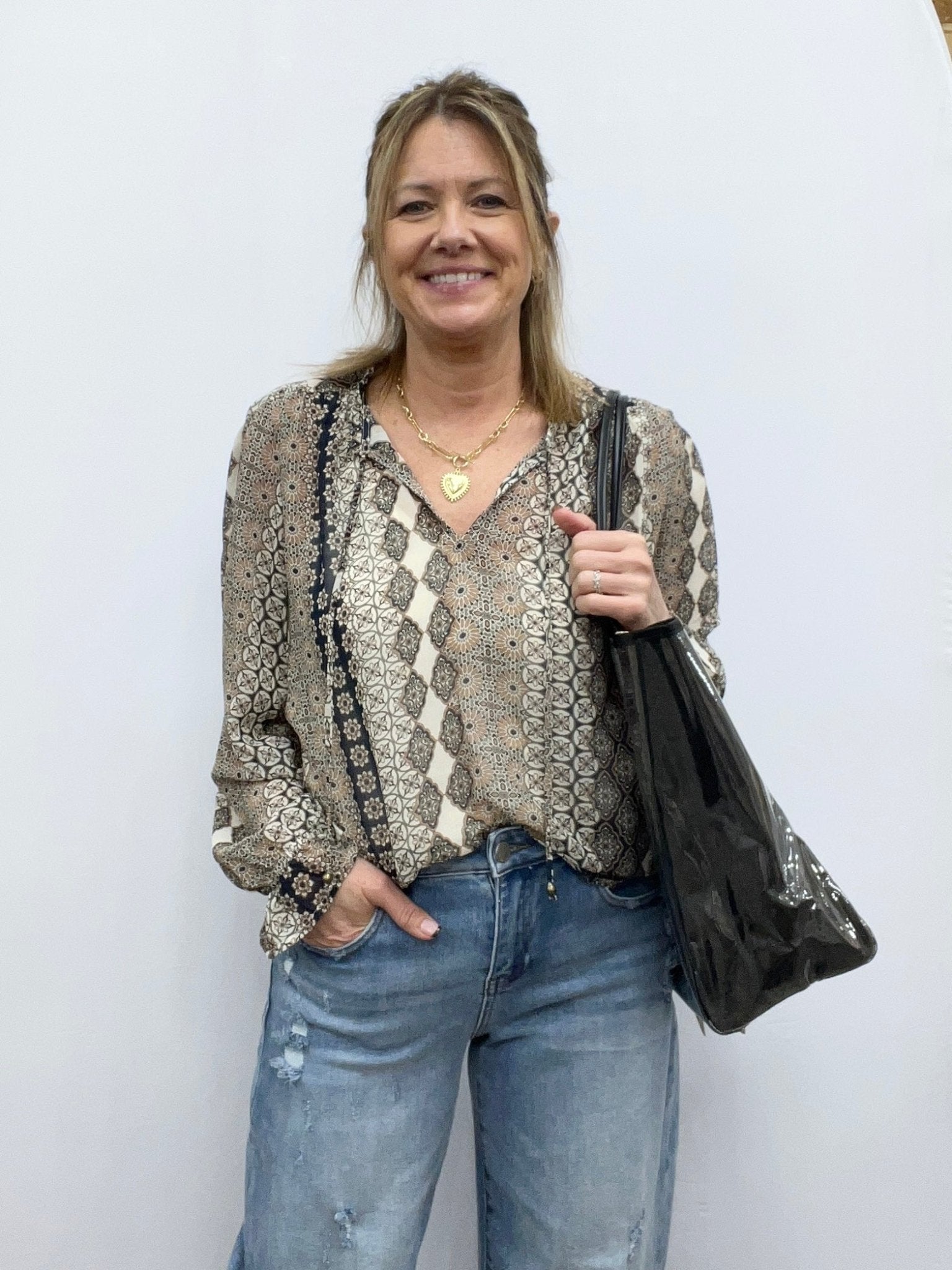 Ruffle Cuff Split Neck Blouse with Tie - The Cozy Nest