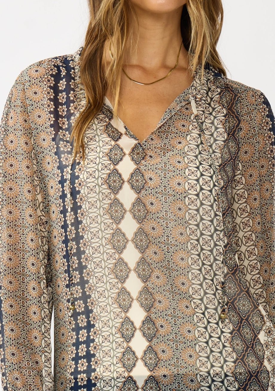 Ruffle Cuff Split Neck Blouse with Tie - The Cozy Nest