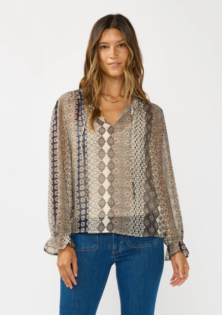 Ruffle Cuff Split Neck Blouse with Tie - The Cozy Nest