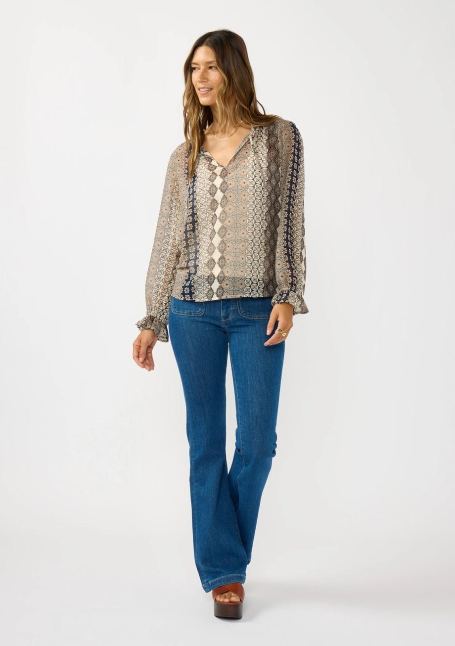 Ruffle Cuff Split Neck Blouse with Tie - The Cozy Nest