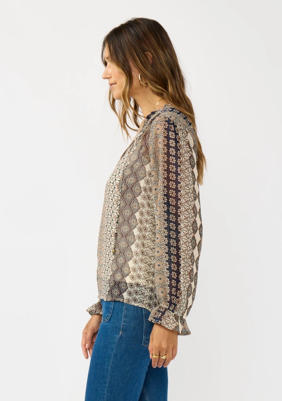 Ruffle Cuff Split Neck Blouse with Tie - The Cozy Nest