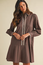 Scalloped Trim Shirtdress - Brown - The Cozy Nest