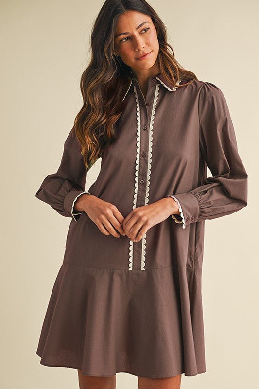 Scalloped Trim Shirtdress - Brown - The Cozy Nest