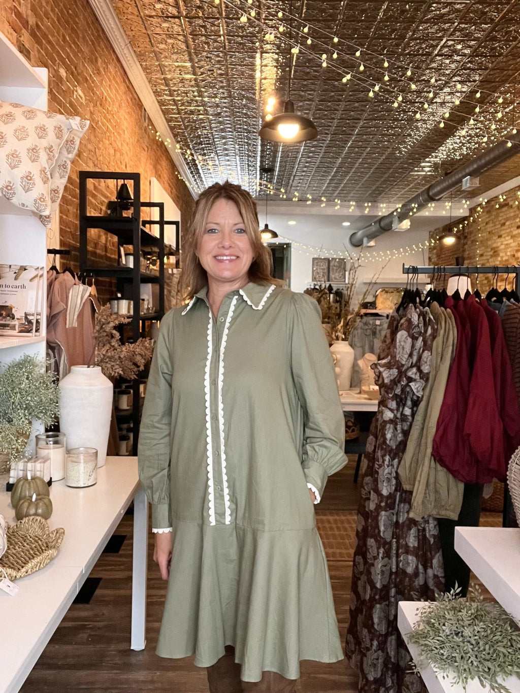 Scalloped Trim Shirtdress - Olive - The Cozy Nest