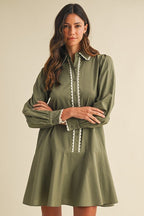 Scalloped Trim Shirtdress - Olive - The Cozy Nest