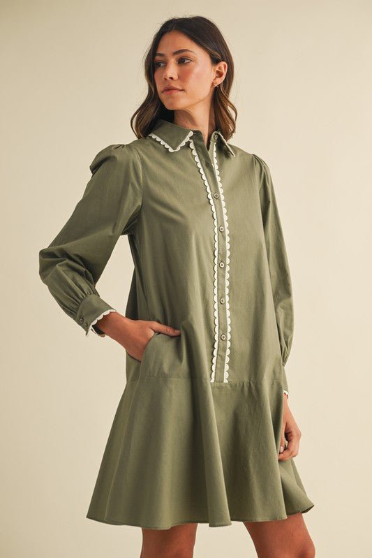 Scalloped Trim Shirtdress - Olive - The Cozy Nest