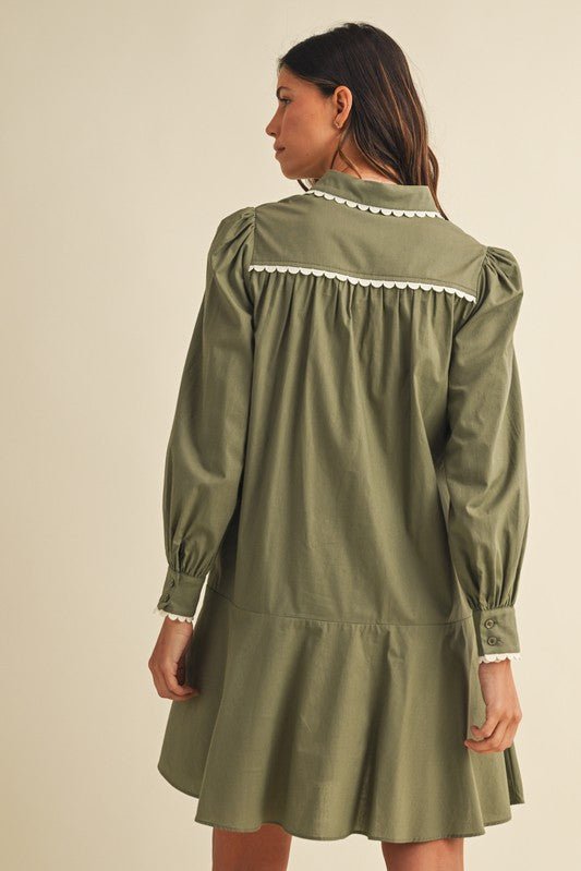 Scalloped Trim Shirtdress - Olive - The Cozy Nest