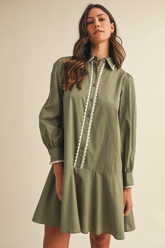 Scalloped Trim Shirtdress - Olive - The Cozy Nest
