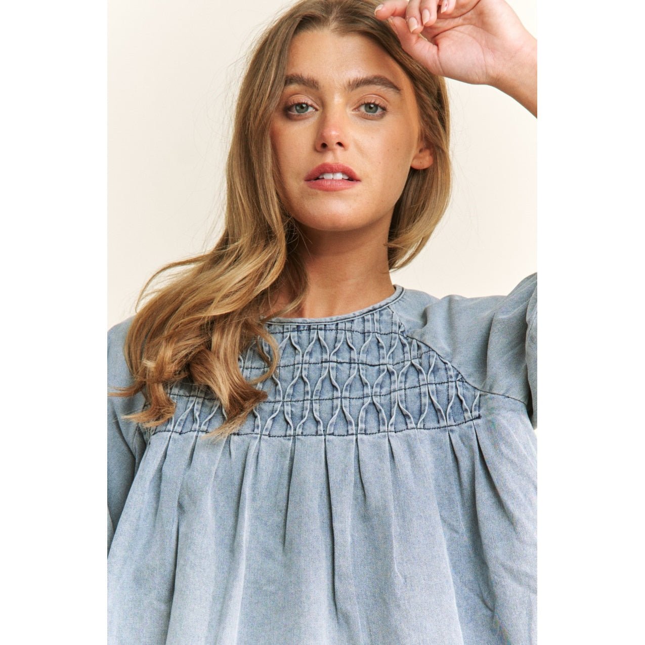 Smocked Denim Blouse - The Cozy Nest