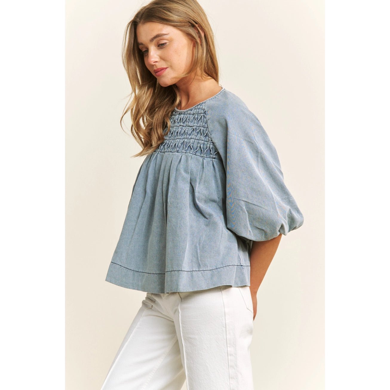 Smocked Denim Blouse - The Cozy Nest
