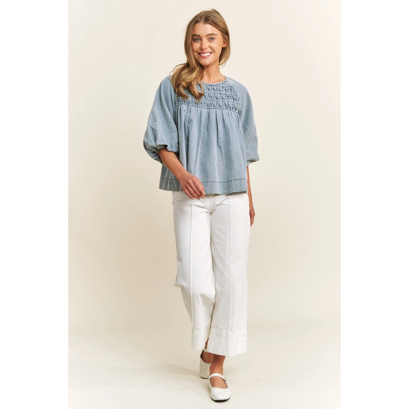 Smocked Denim Blouse - The Cozy Nest