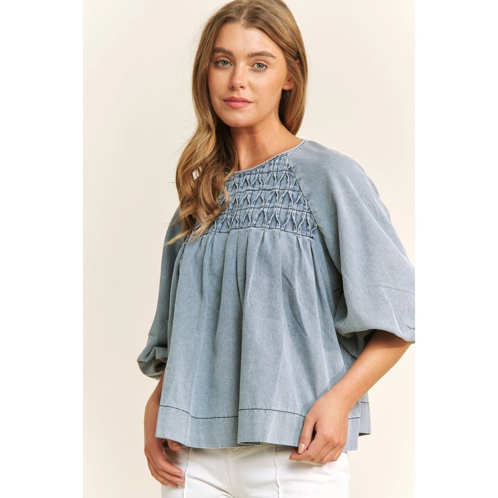 Smocked Denim Blouse - The Cozy Nest