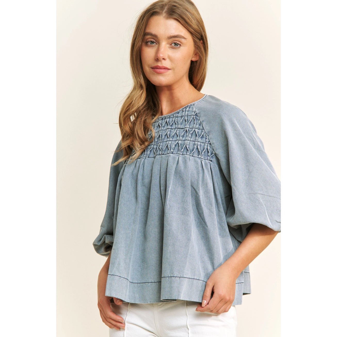 Smocked Denim Blouse - The Cozy Nest