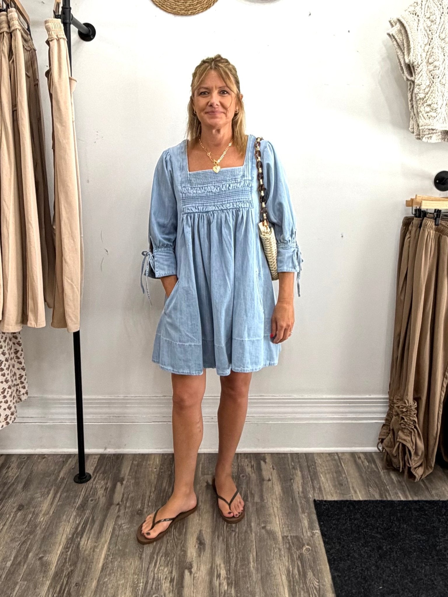 Square Neck Smocked Denim Mini Dress - The Cozy Nest