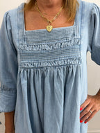 Square Neck Smocked Denim Mini Dress - The Cozy Nest