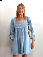 Square Neck Smocked Denim Mini Dress - The Cozy Nest