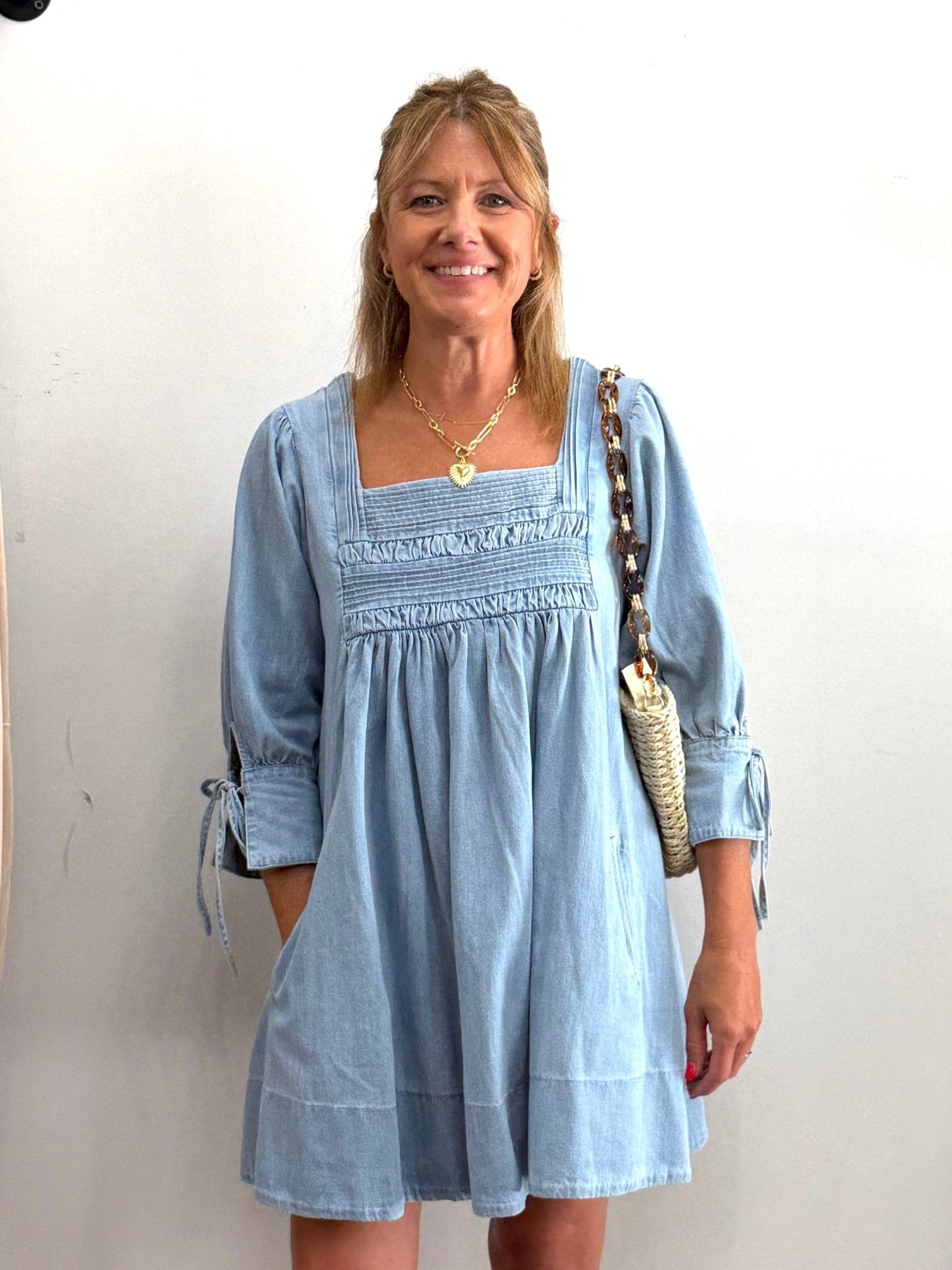 Square Neck Smocked Denim Mini Dress - The Cozy Nest