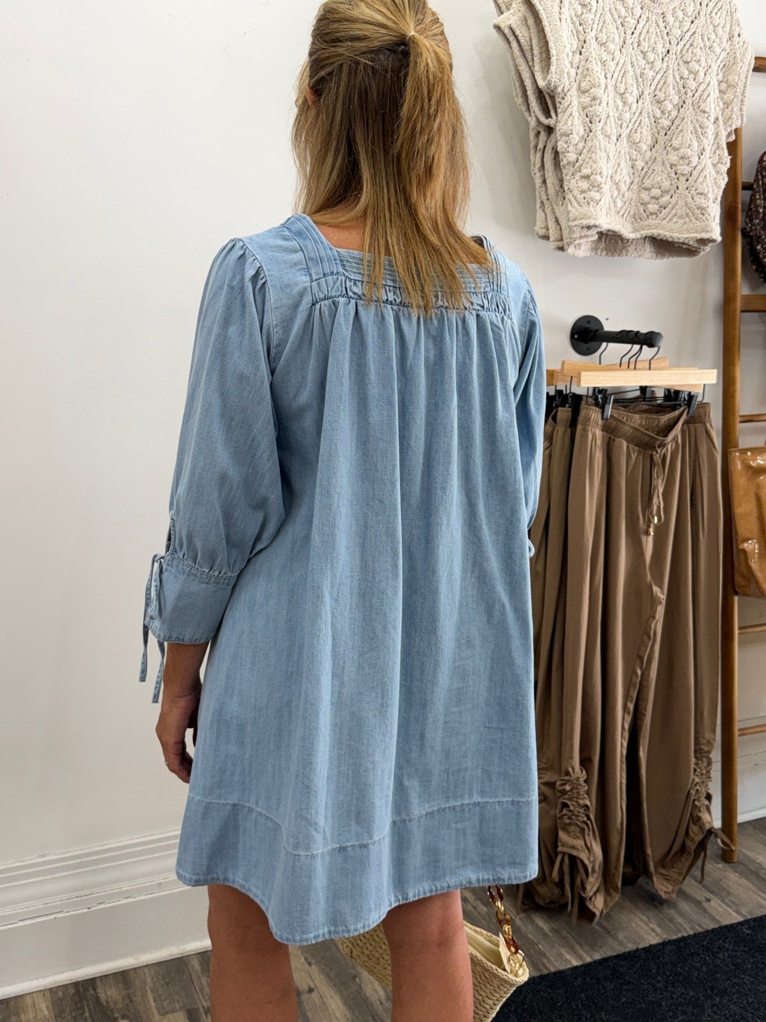 Square Neck Smocked Denim Mini Dress - The Cozy Nest
