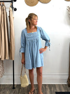 Square Neck Smocked Denim Mini Dress - The Cozy Nest