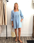 Square Neck Smocked Denim Mini Dress - The Cozy Nest