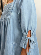 Square Neck Smocked Denim Mini Dress - The Cozy Nest
