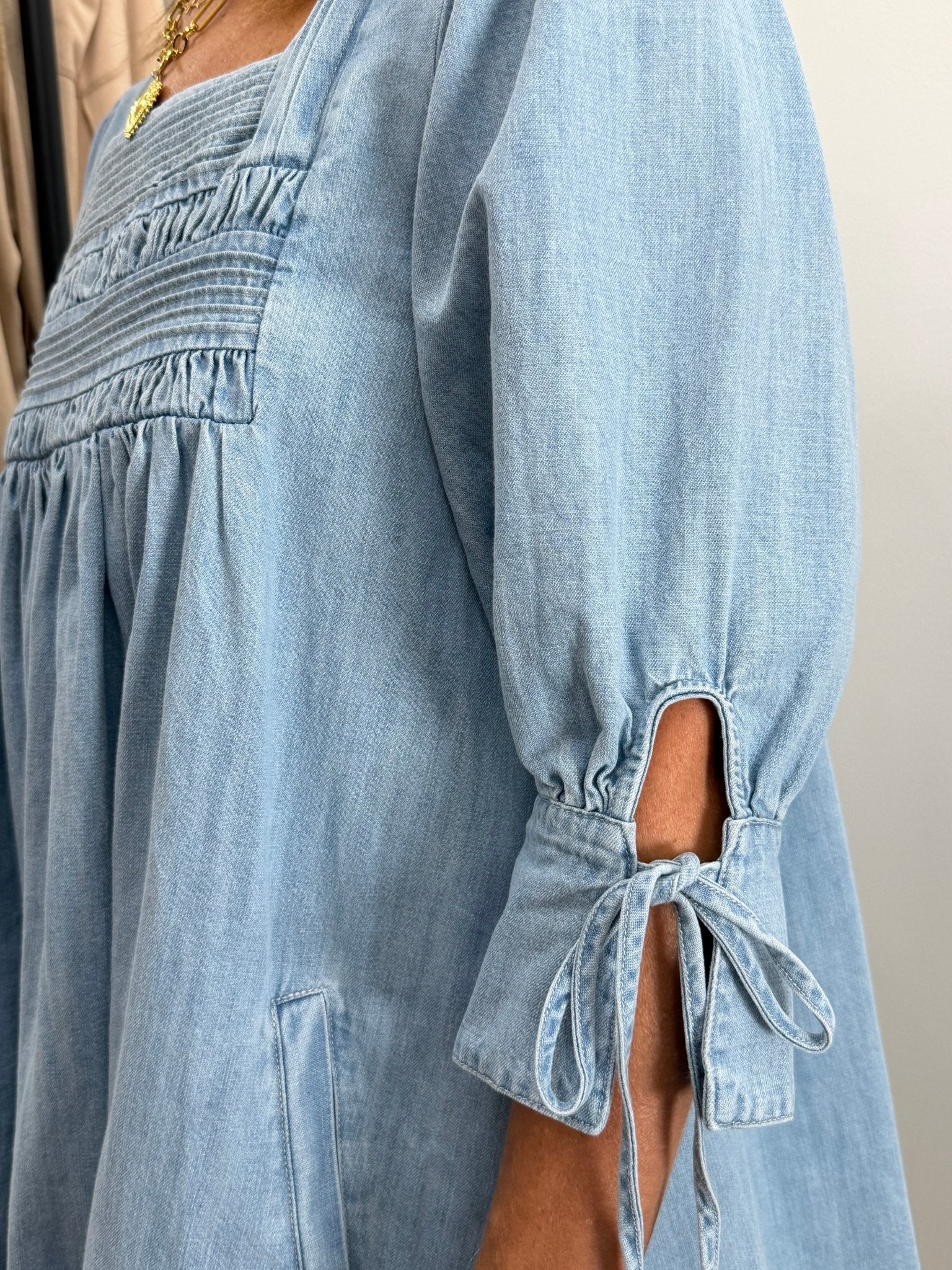 Square Neck Smocked Denim Mini Dress - The Cozy Nest