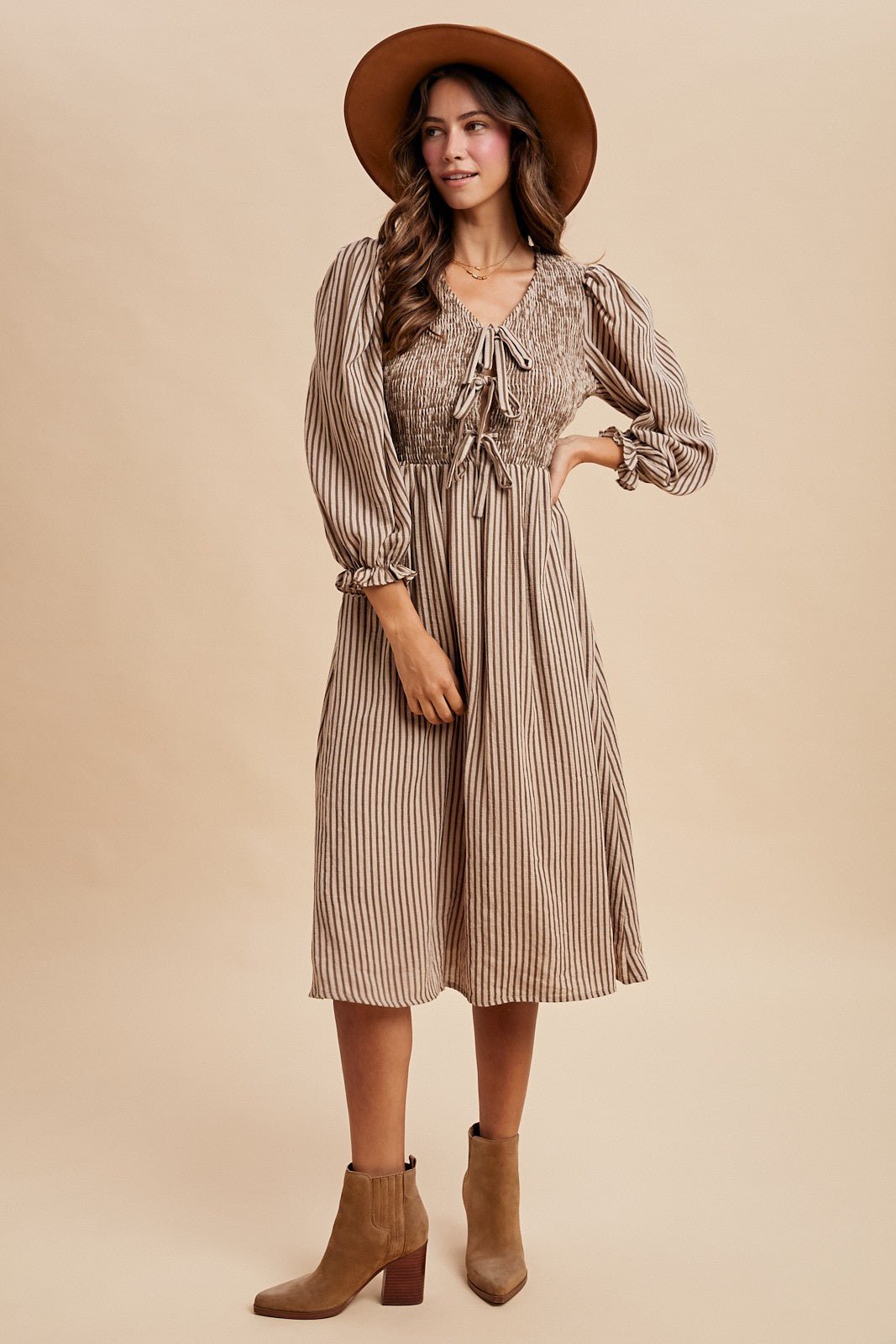 Stripe Smocking Bodice Bow Patch Midi Dress - The Cozy Nest